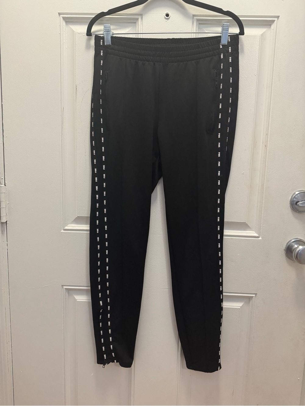 PINK Victoria's Secret Black Track Joggers with White Side Stitching 0415